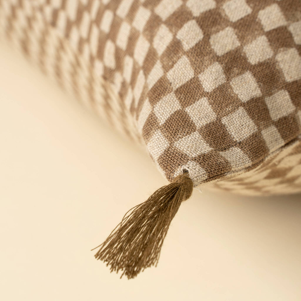 16x24 Block Print Check Linen Pillow, Brown