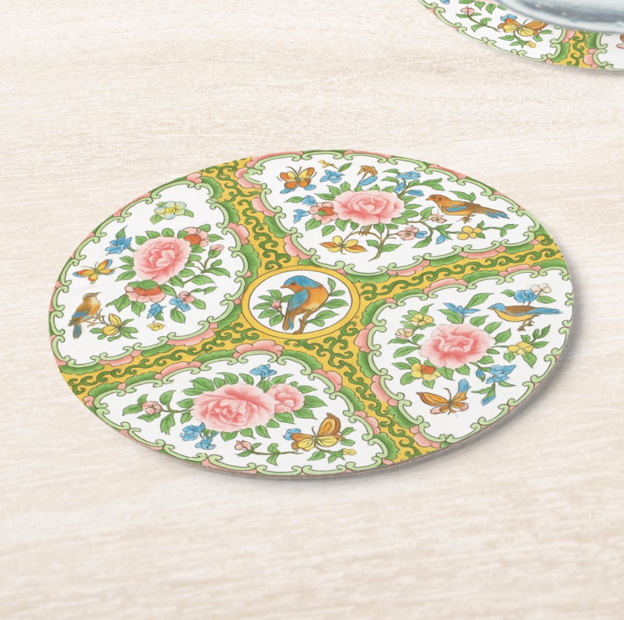 Antique Rose Yellow & Pink Birds & Floral Coaster Set