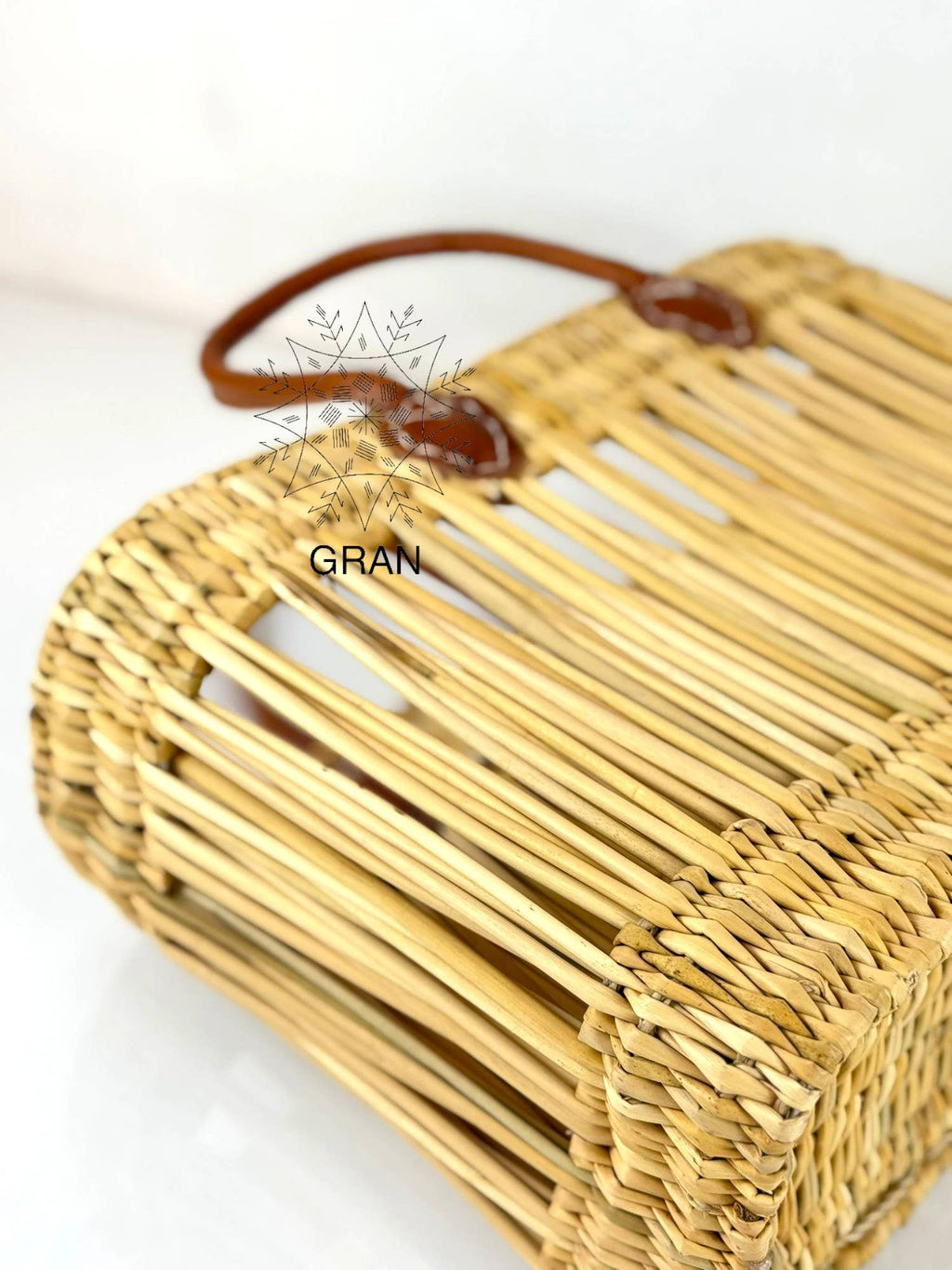 Handwoven Open Reed Basket with Leather Handles