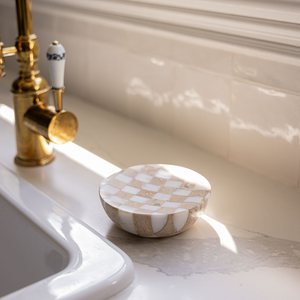 Checkered Travertine & Marble Soap Dish