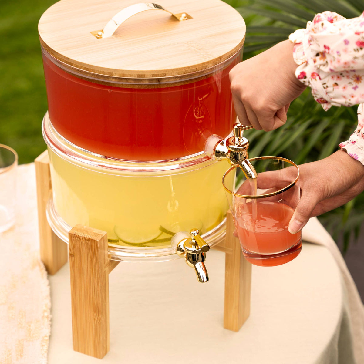 Acacia and Glass Double Drink Dispenser w Collapsable Stand