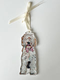 "Goldendoodle Ornament with Pink Bow" ornament