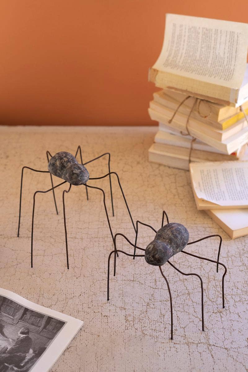 SET OF TWO CLAY AND WIRE SPIDERS