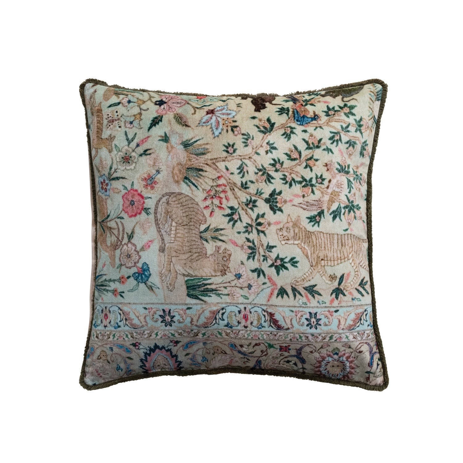 20" Square Velvet Pillow with Safari Animals, Botanicals & Tufted Fringe