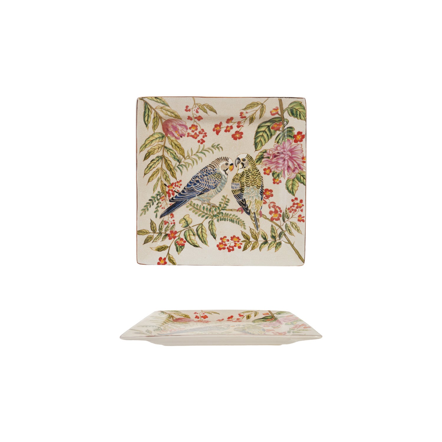 Decorative Stoneware Dish with Parakeets (Each Will Vary)