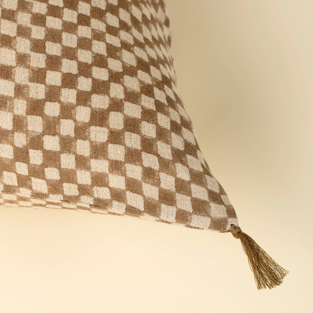 16x24 Block Print Check Linen Pillow, Brown