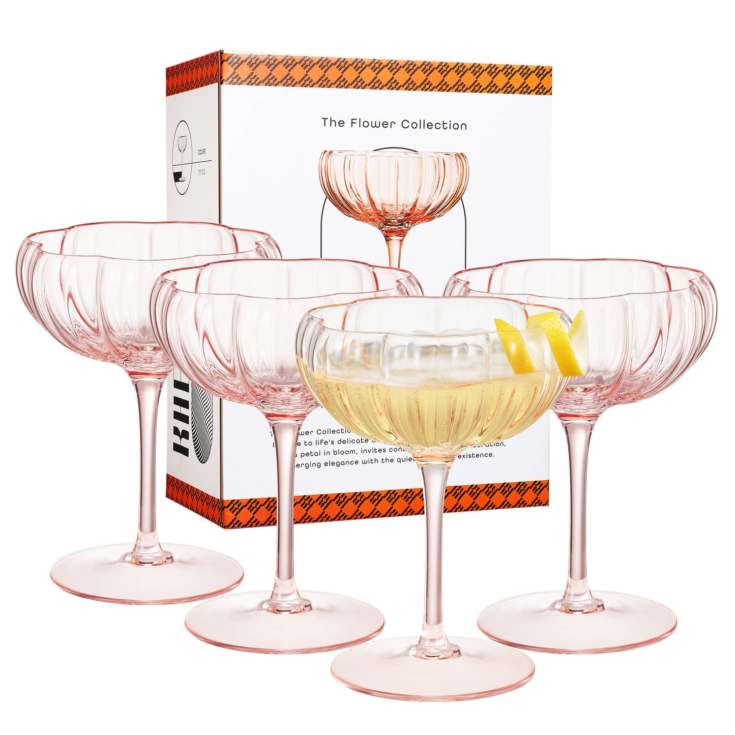 Pink Flower Coupe Cocktail Colored Glasses | 4 Set, 7.7 OZ