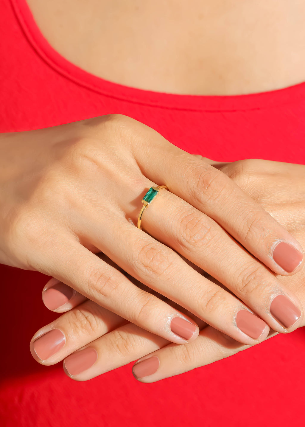 Gold Plated Baguette-Cut Lab Green Quartz Stacking Band Ring