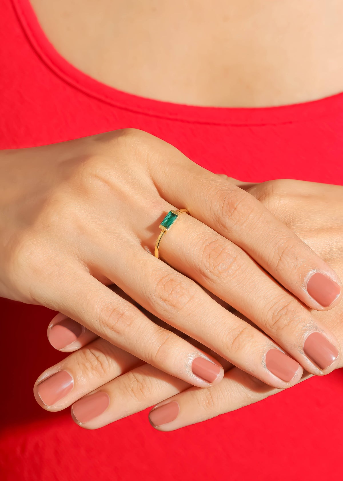 Gold Plated Baguette-Cut Lab Green Quartz Stacking Band Ring