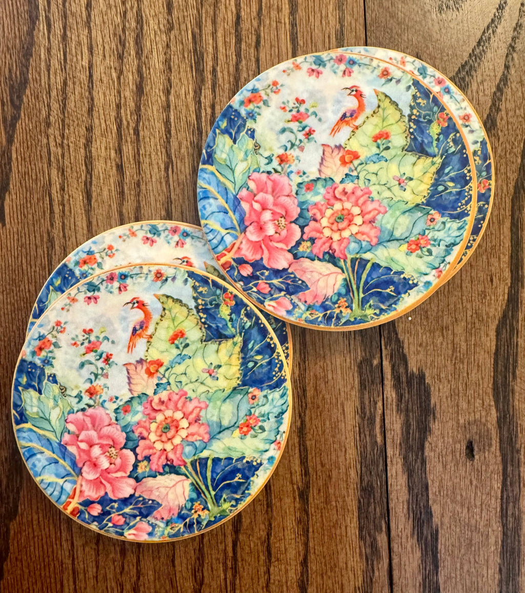 Tobacco Leaf China Inspired Sandstone Coasters | Set of 2