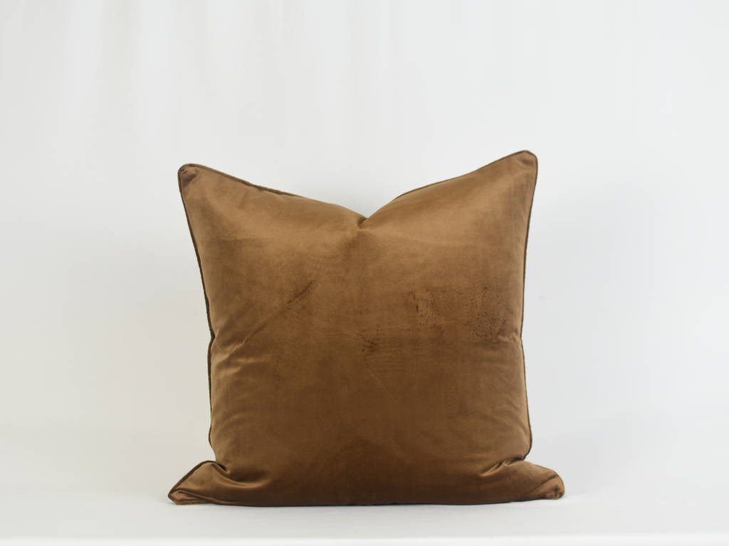 Sidra Brown Pillow - Solid Brown Velvet Pillow with Piping