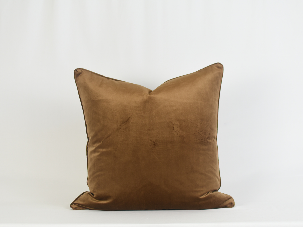 Sidra Brown Pillow - Solid Brown Velvet Pillow with Piping