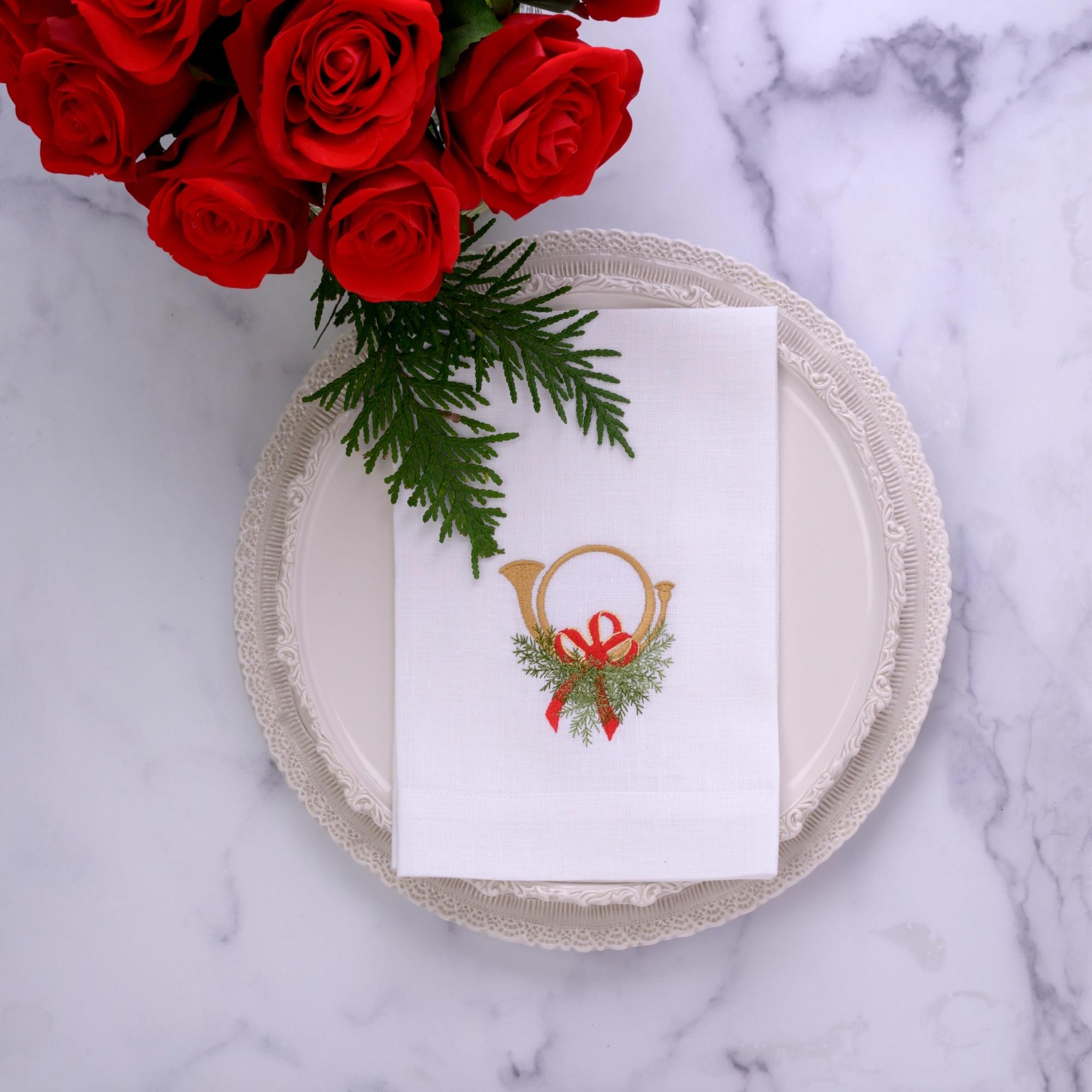 Holiday Horn with Bow Tri-Fold Napkin, White (Multi)