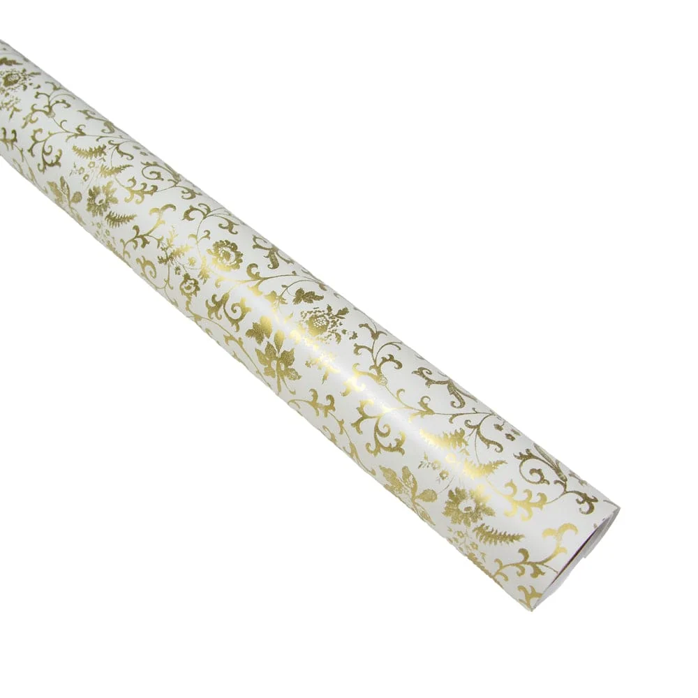 Flora Scrollwork White/Gold Roll Wrap 30 Inch X 8Ft-2 Inch Core
