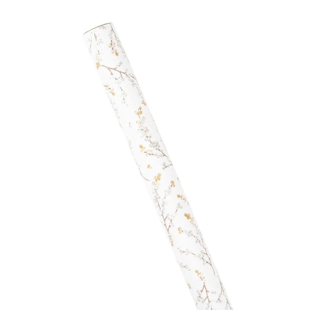 Berry Branches White/Silver Roll Wrap 30 Inch X 8Ft-2 Inch Core