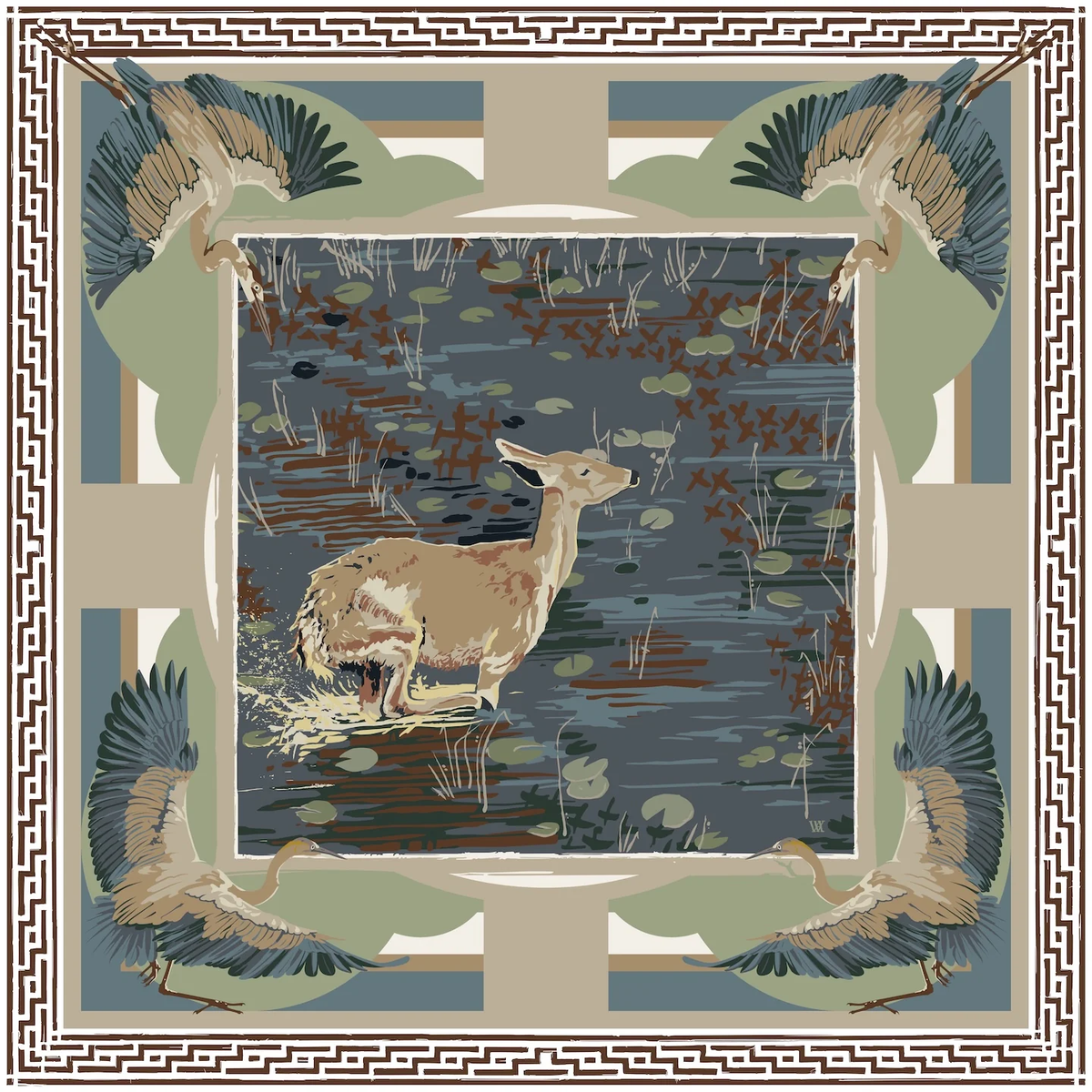 Slate Lily Pad Doe - Double-Sided Silk Scarf 35x35