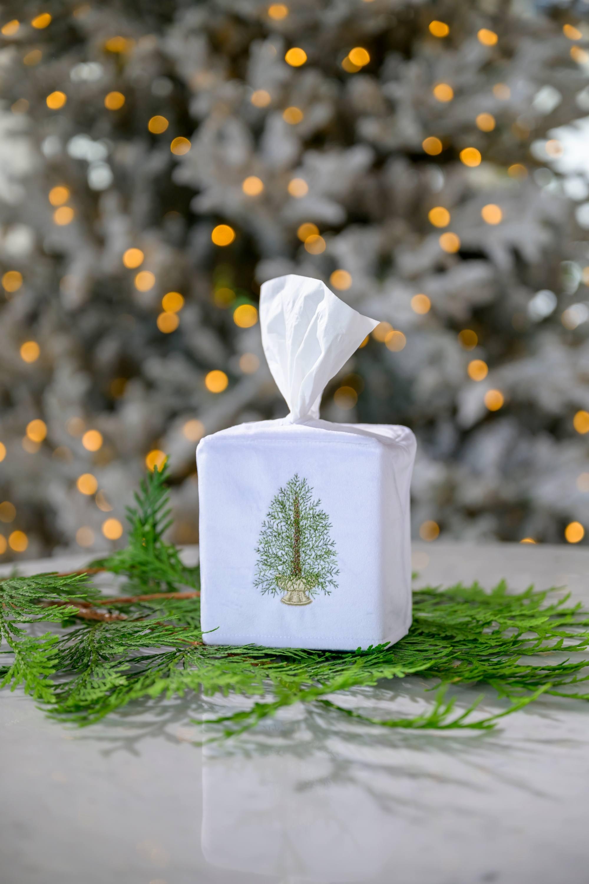 Pine Tree, Velvet White (Green) Tissue Box Cover