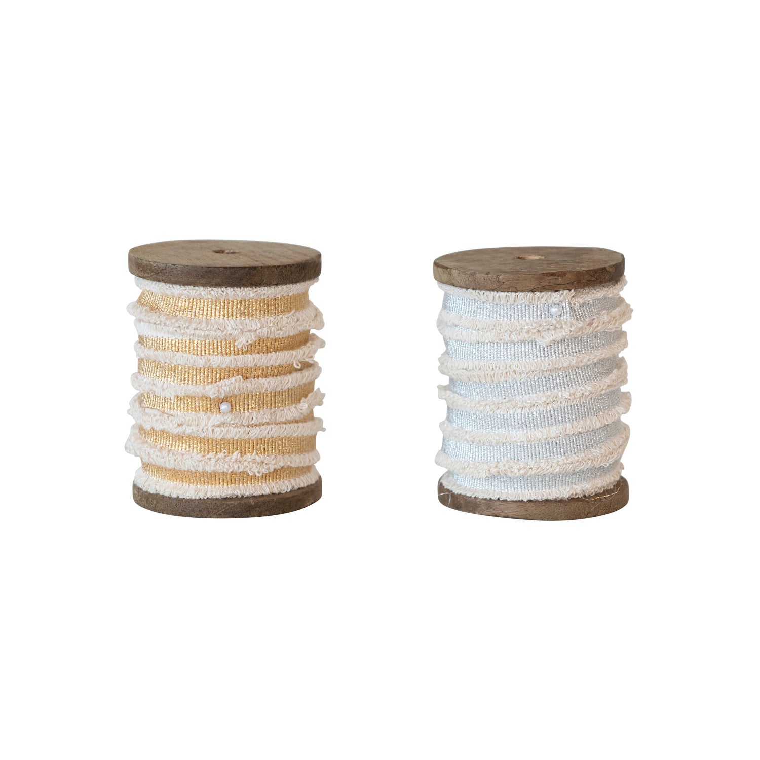 10 Yard Cotton Ribbon w/ Metallic Thread & Fringe on Wood Spool, 2 Colors