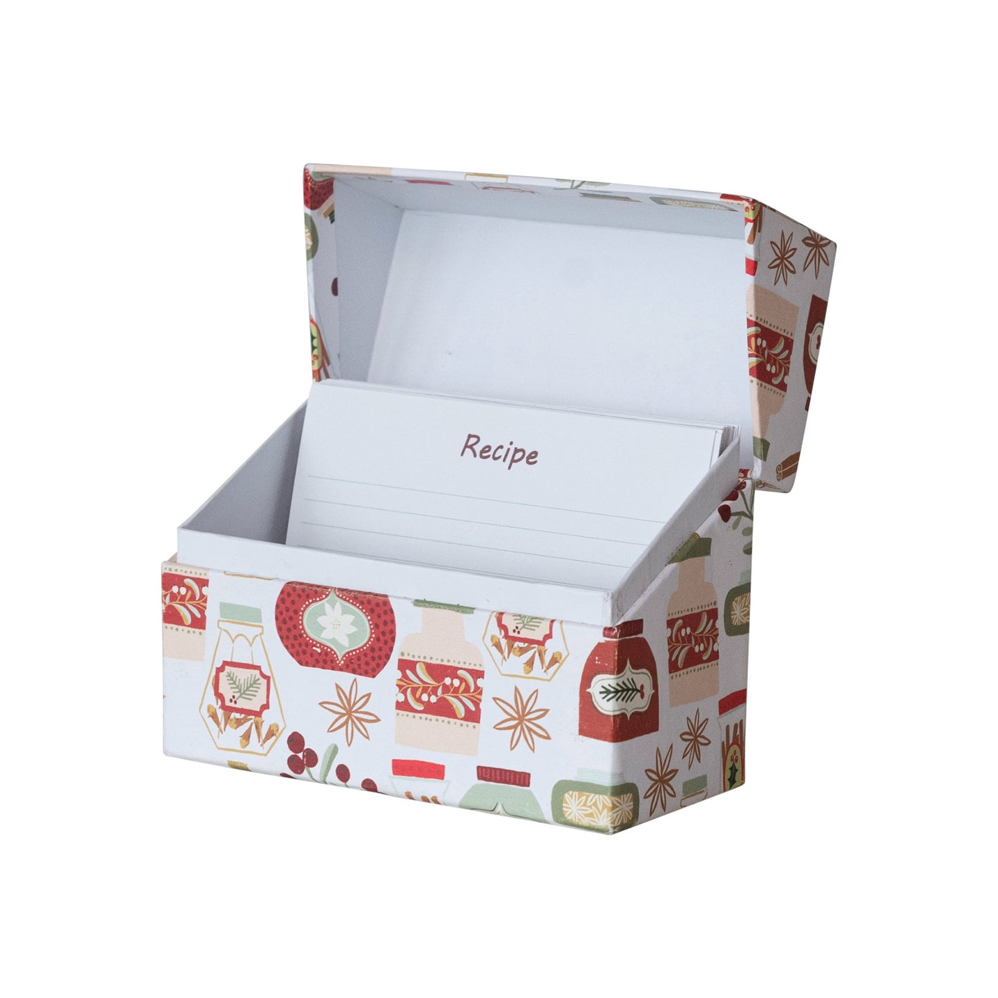 Printed Paper Recipe Box w/ 36 Recipe Cards & Holiday Pattern, Set of 37 ©