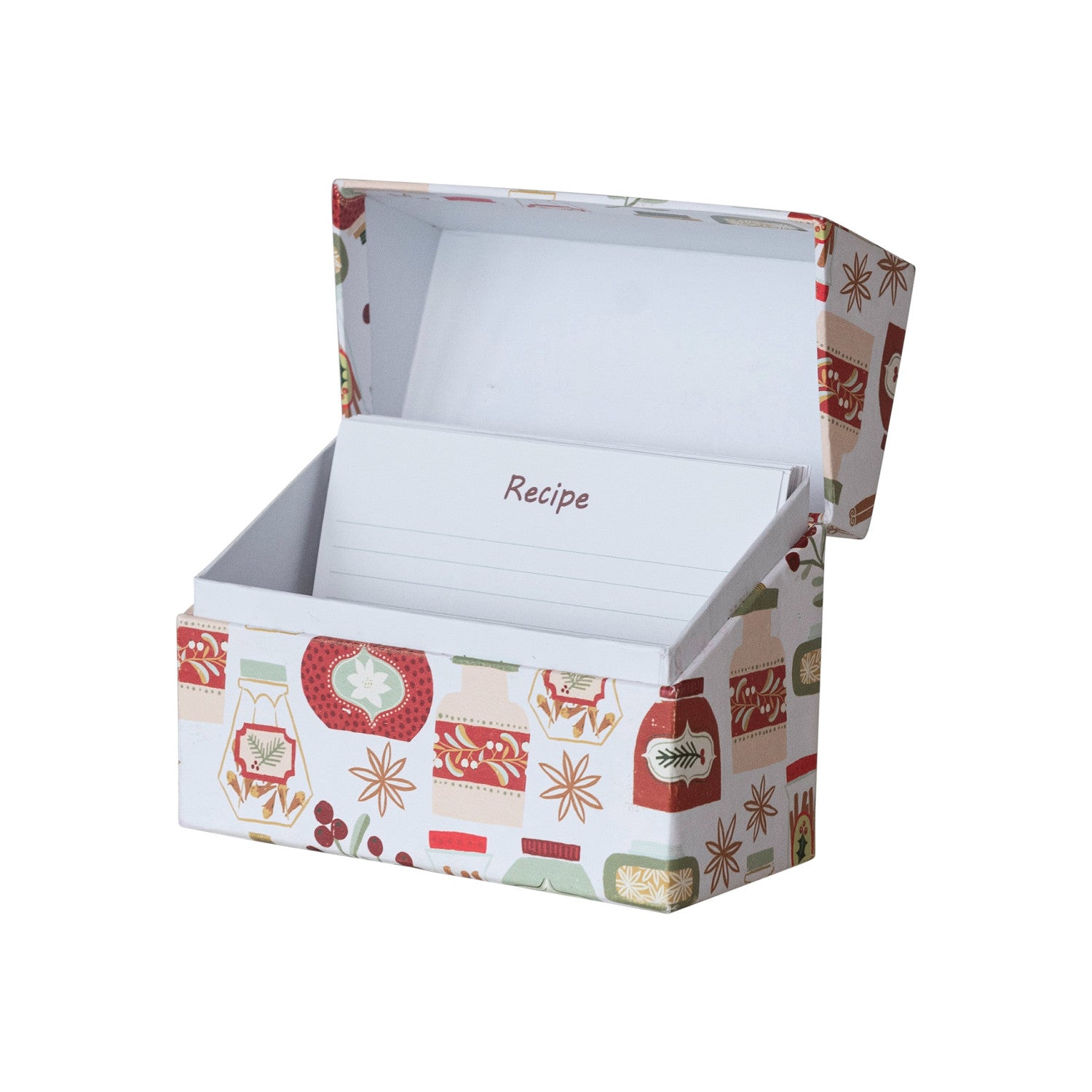 Printed Paper Recipe Box w/ 36 Recipe Cards & Holiday Pattern, Set of 37 ©