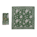 Cotton Block Print Napkins with Floral Pattern, Green & White, Set of 4 Tied with Gold Cord