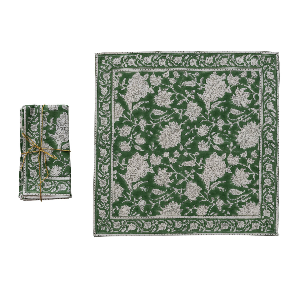 Cotton Block Print Napkins with Floral Pattern, Green & White, Set of 4 Tied with Gold Cord
