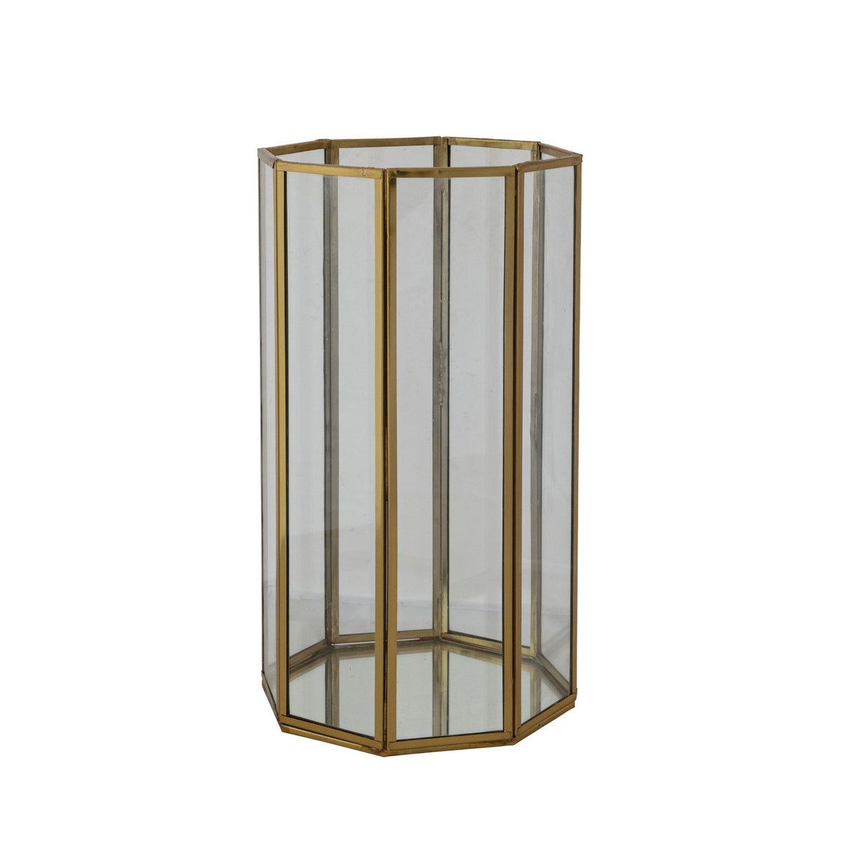 Glass & Brass Octagon Shaped Candle Holder/Container with Mirrored Bottom, Antique Finish