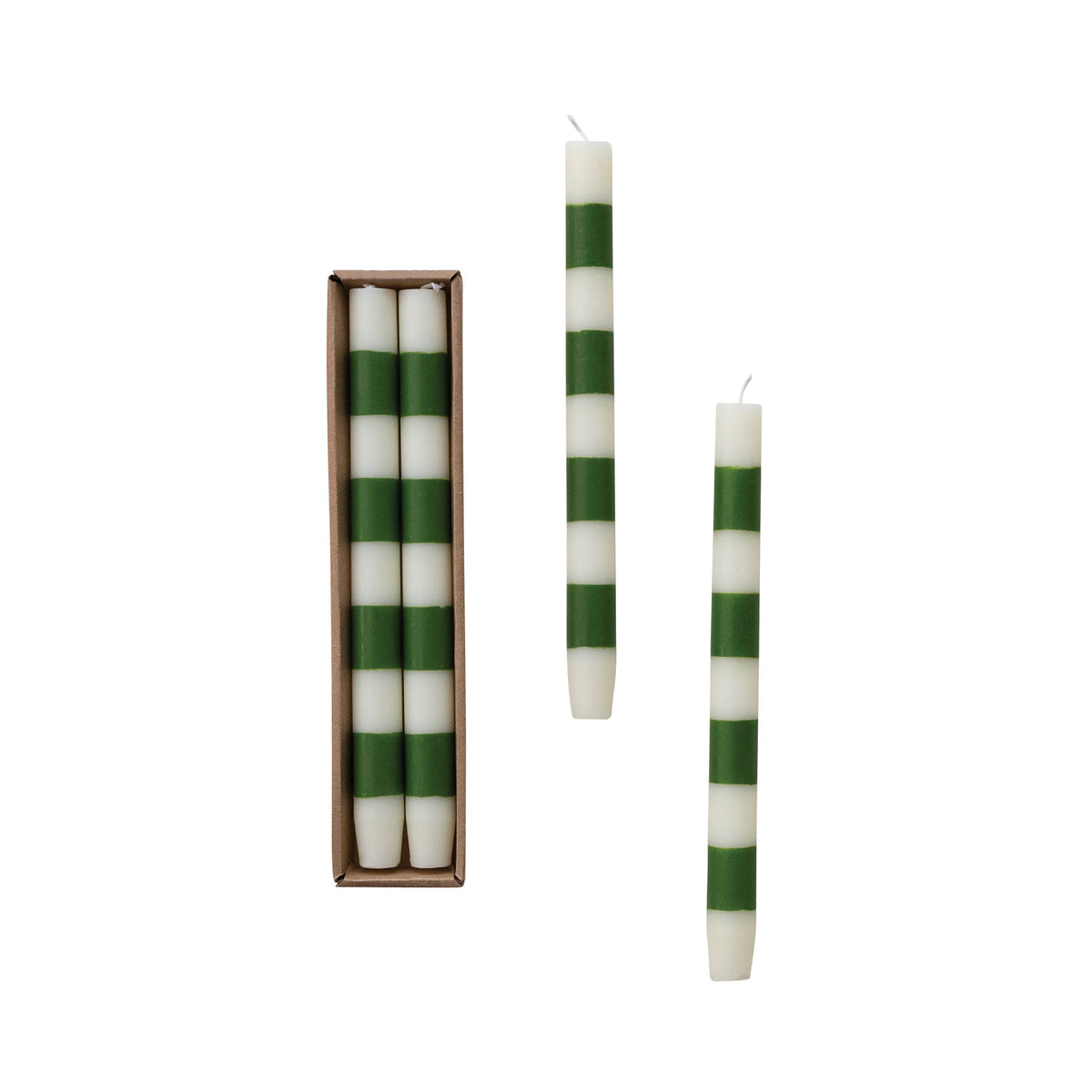 Unscented Taper Candles with Stripes in Box & Green, Set of 2 (Est. Burn Time 10 Hours)