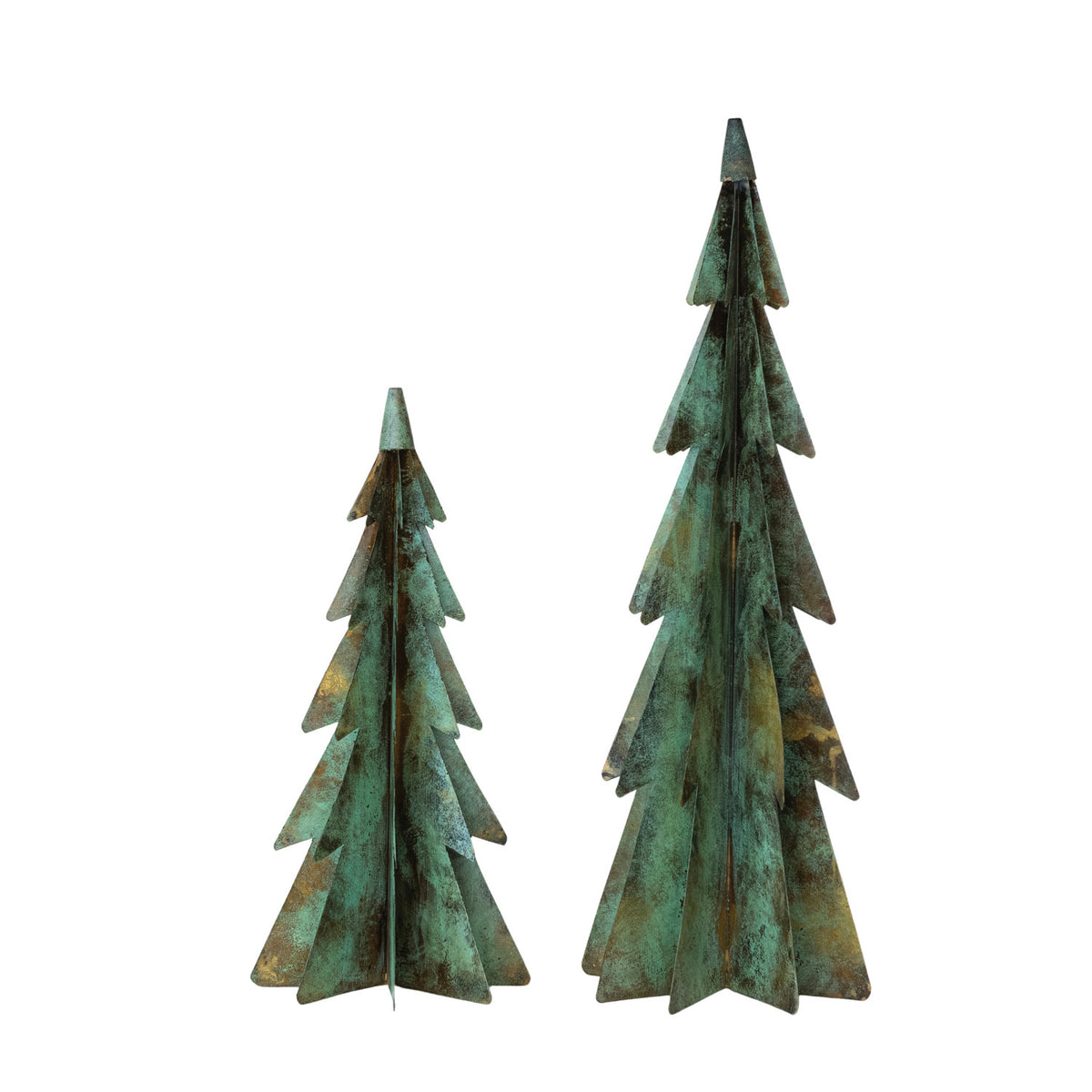 Metal Christmas Trees, Verdigris Finish, Set of 2